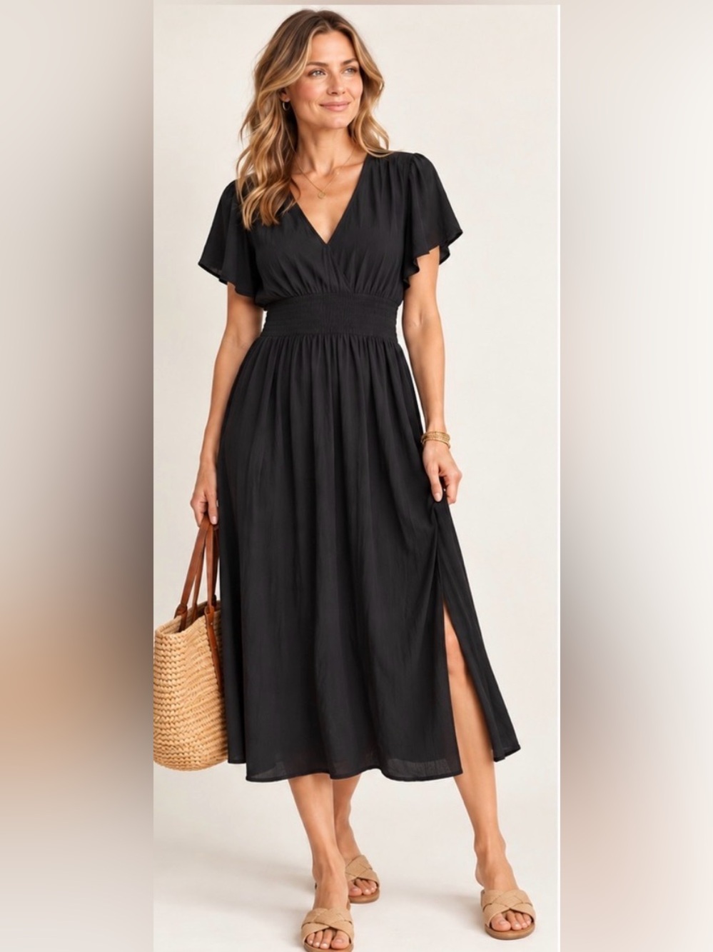 LOFT Black V-Neck Shirred-Waist Midi Dress